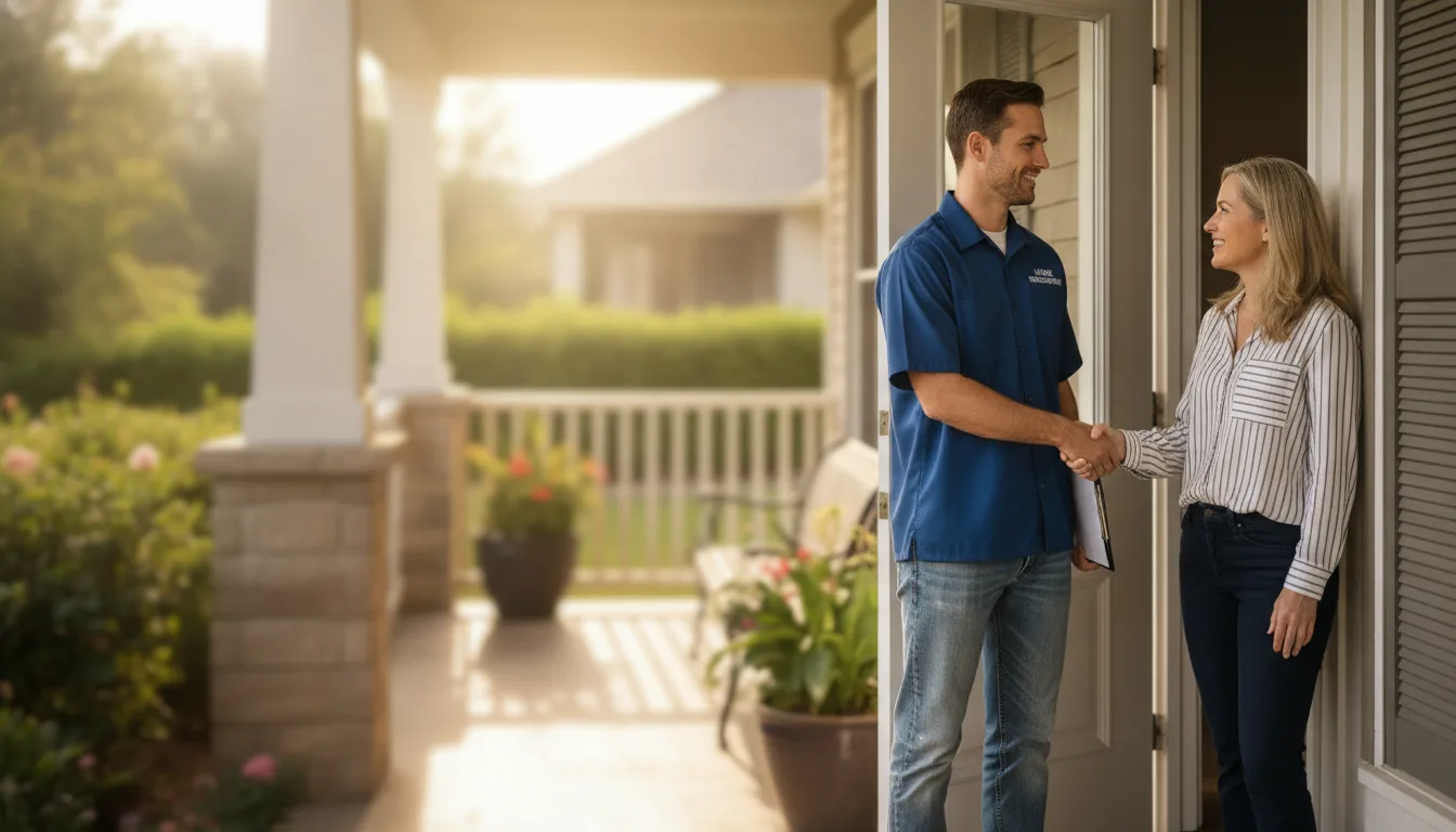 A contractor shakes hands with a smiling homeowner on a sunny front porch as they meet to discuss a home project.