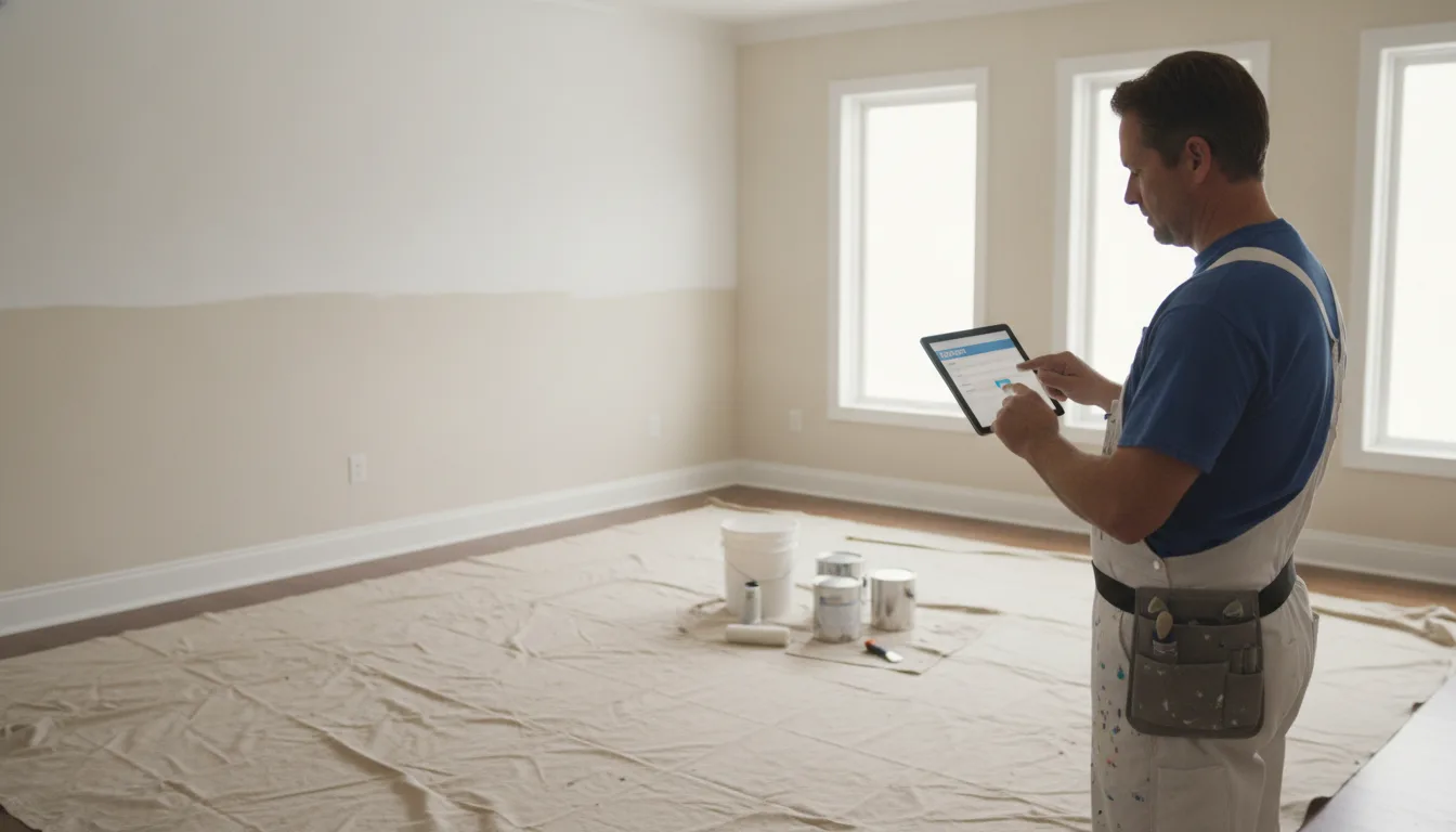 A house painter in white overalls uses a tablet to fill out a job estimate inside a room prepped for painting.