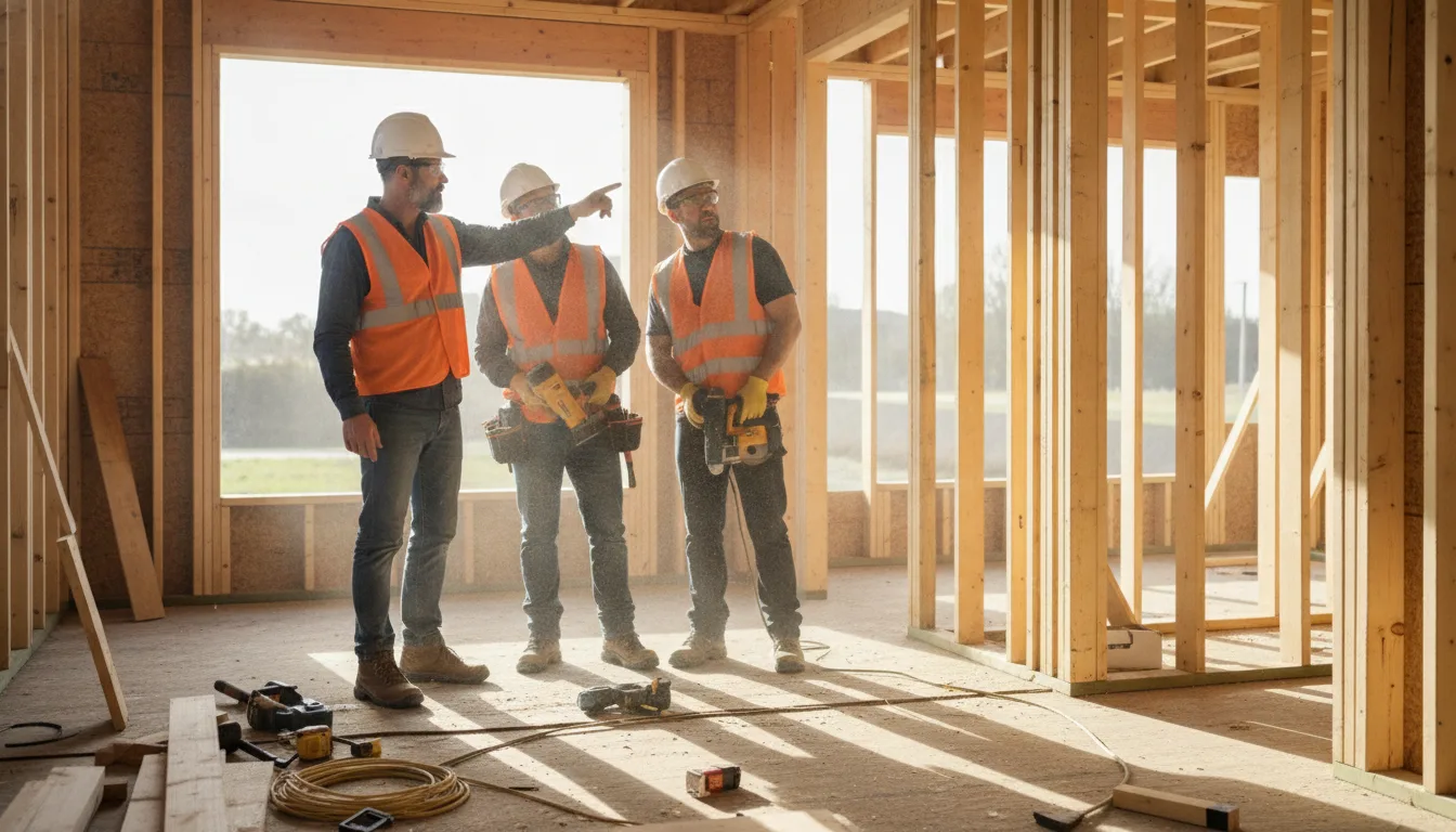 A contractor in a hard hat points at an unfinished wall while two crew members listen on a home renovation site.