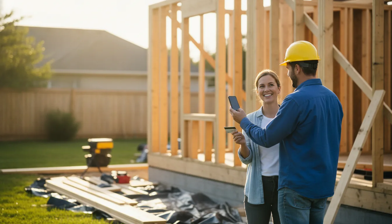 A contractor holds a phone on a home addition job site while a smiling homeowner holds a credit card, ready to pay.