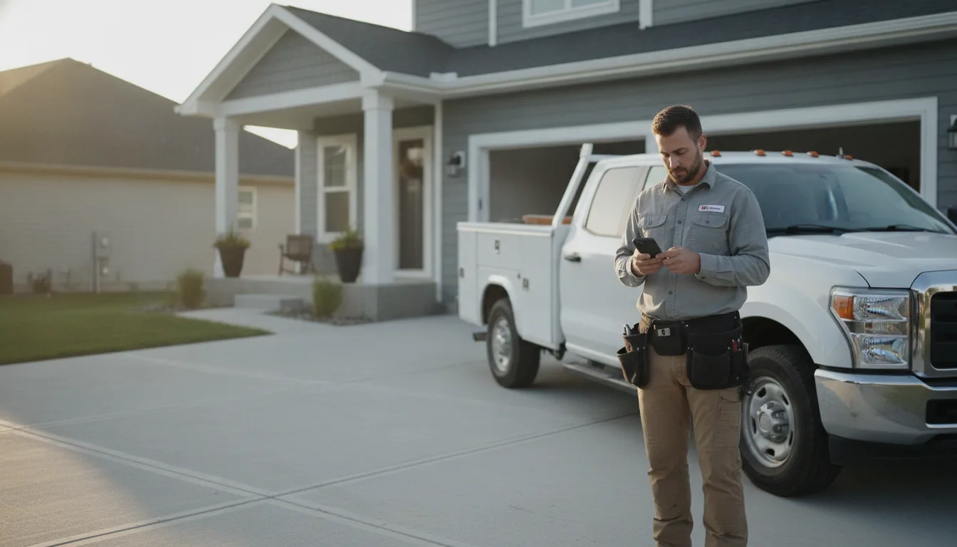 A contractor beside his pickup truck outside a newly finished home, looking at his phone in warm afternoon light.
