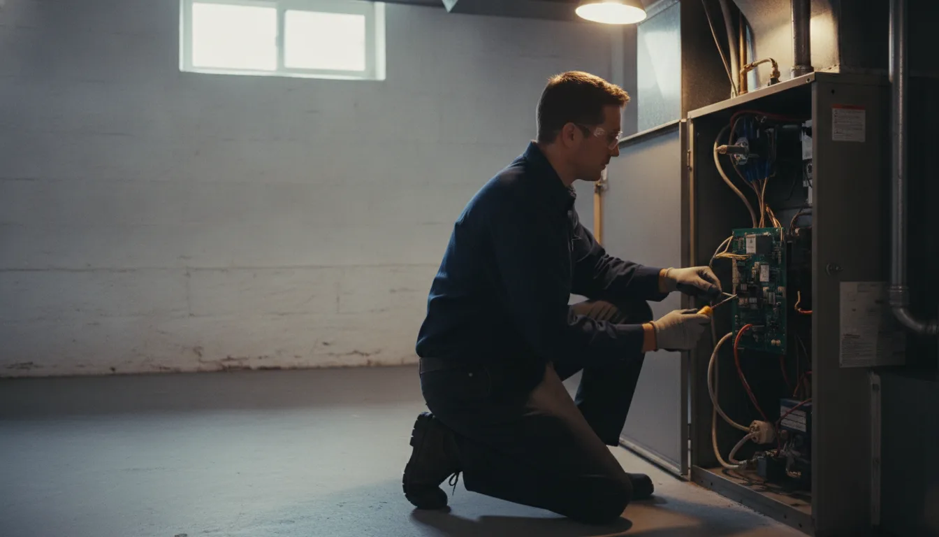 An HVAC technician kneels in a home basement, inspecting the open panel of a furnace during a routine heating tune-up.