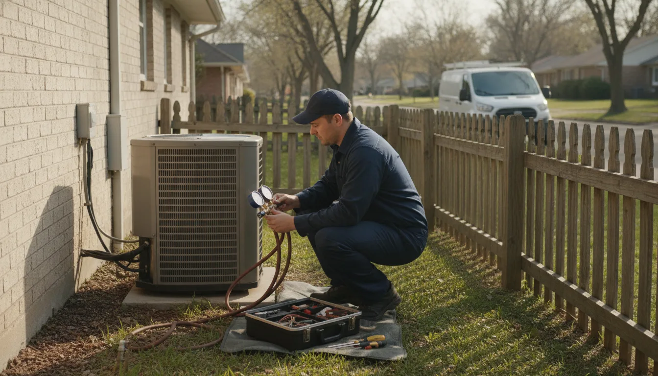 An HVAC technician services an air conditioner in a home's side yard while a service van waits on the street in the distance.
