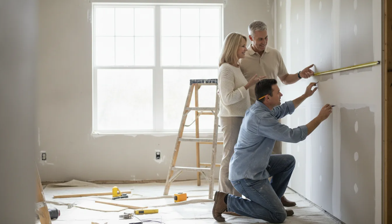 A contractor measures a kitchen wall for cabinets while a husband and wife look on and discuss the remodel plans.