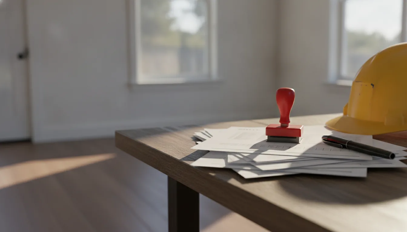 A contractor's desk with unpaid job paperwork, a red rubber stamp and a hard hat, with a finished home renovation blurred behind.