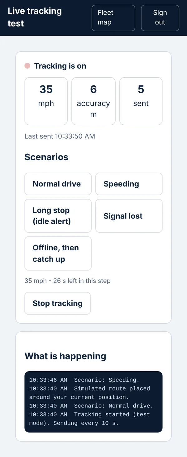 The worker's phone screen showing tracking is on, with speed, accuracy and an On my way button