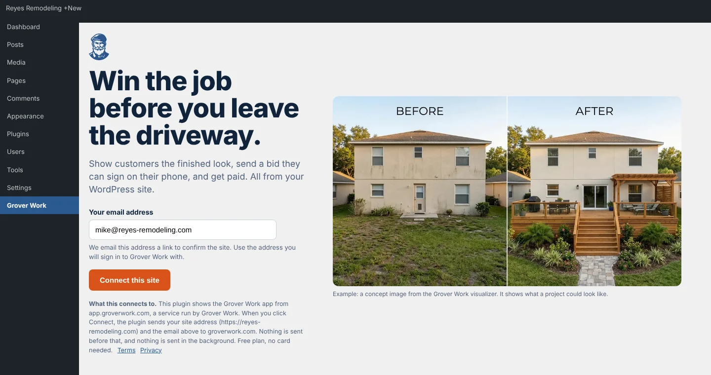 The Grover Work screen in WordPress before connecting, with a Connect this site button.
