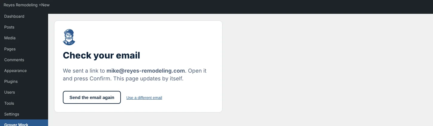 The Check your email screen in WordPress.