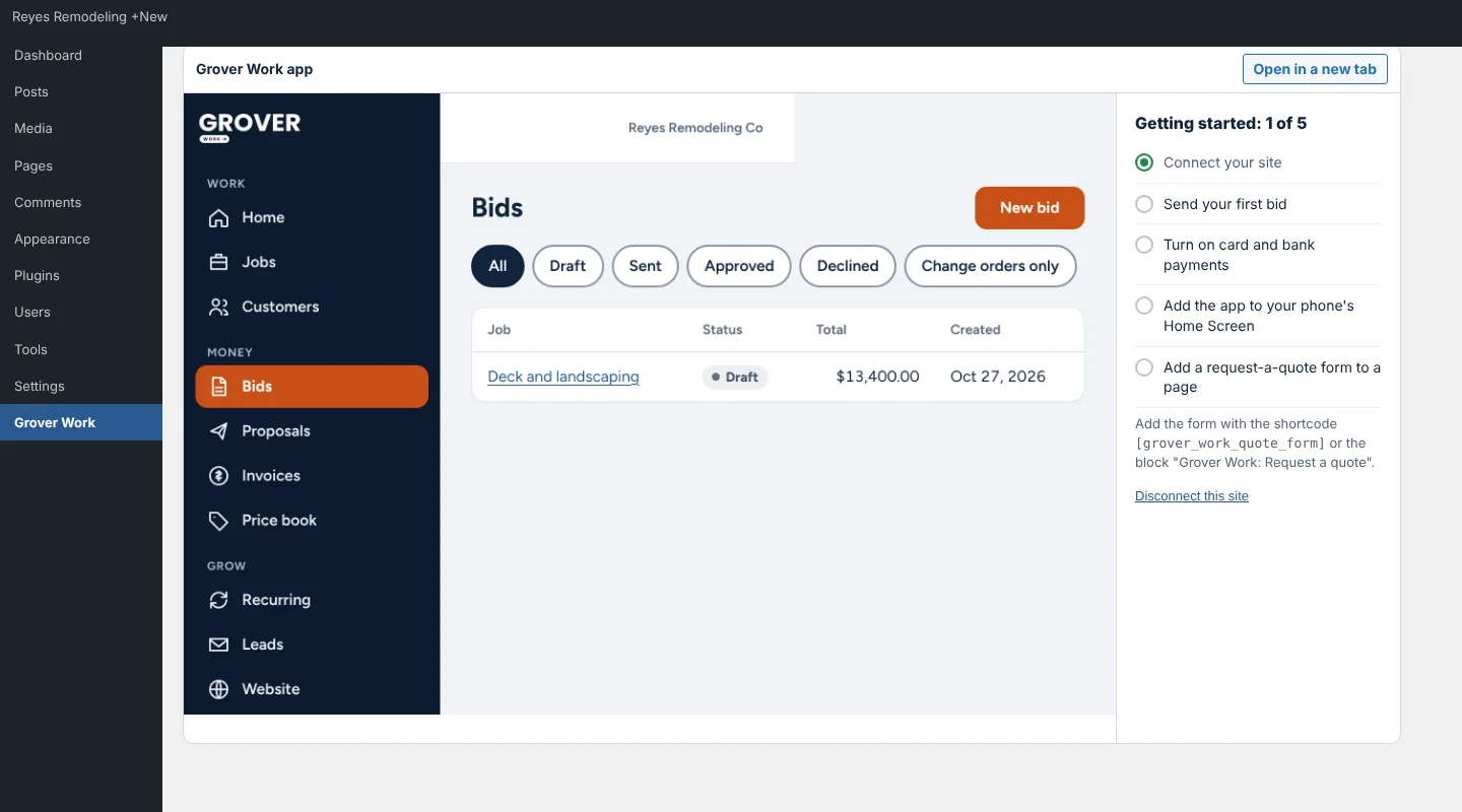 The Grover Work app inside the WordPress admin, with a getting started checklist