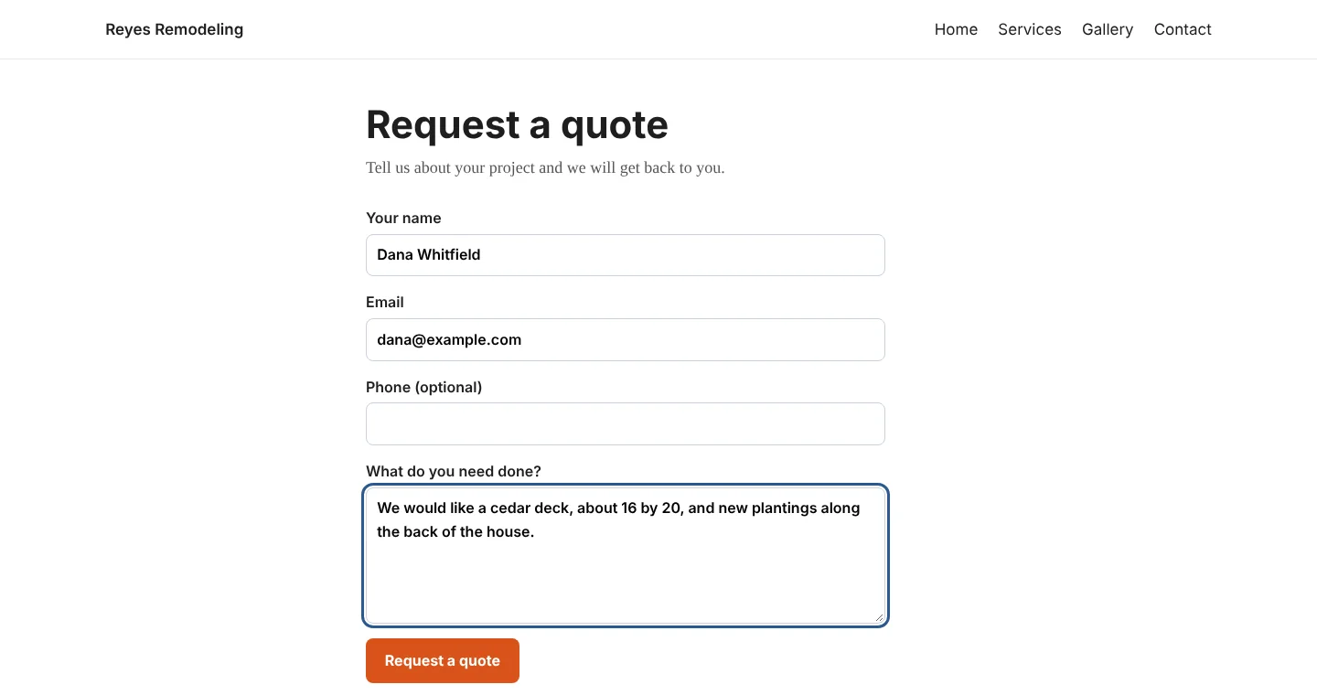 A request-a-quote form on a WordPress page.